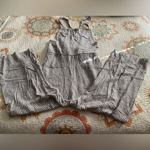 Free People Gray & Cream Striped Off the Shore Linen Blend Overall Size 0